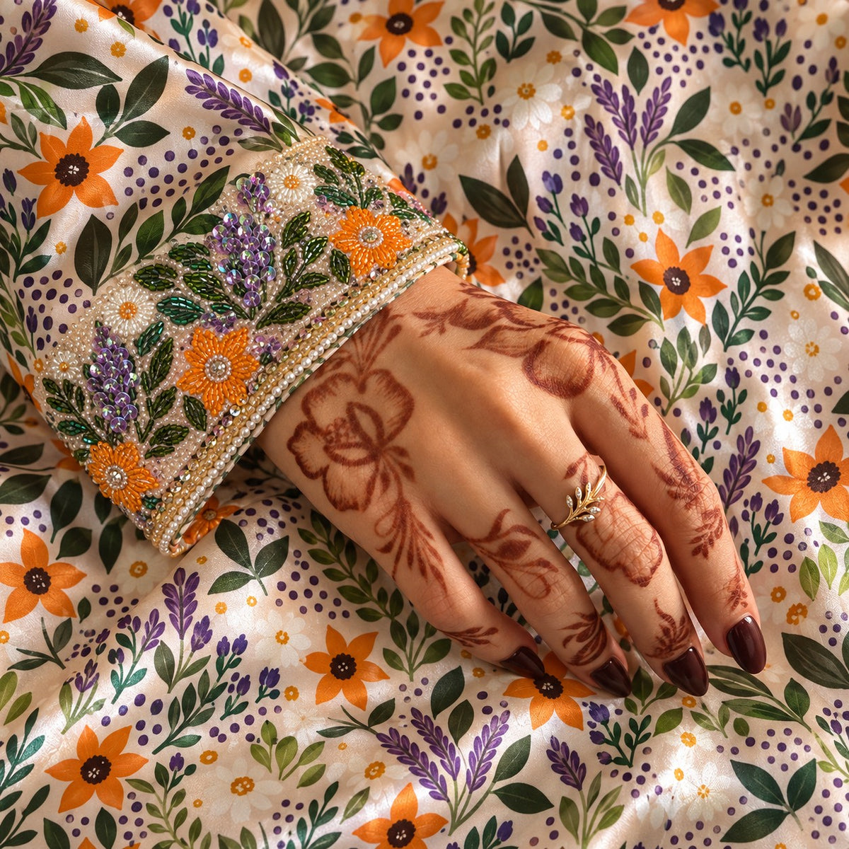Close-up of the Dahlia cuff, beaded with orange flowers and lavender sequins