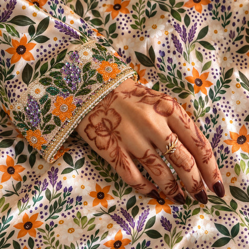 Close-up of the Dahlia cuff, beaded with orange flowers and lavender sequins