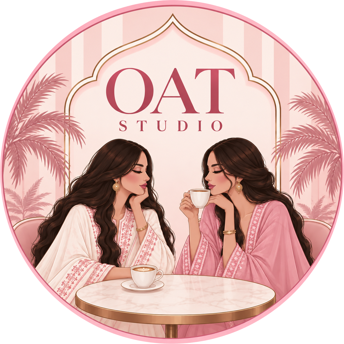 Oat Studio emblem: two women in mukhawars sharing coffee at a marble table