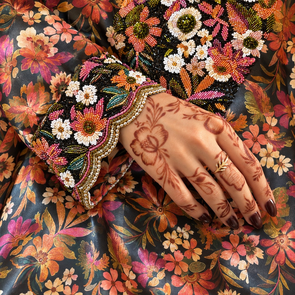 Close-up of the Oud scalloped cuff with beaded daisies and coral blooms