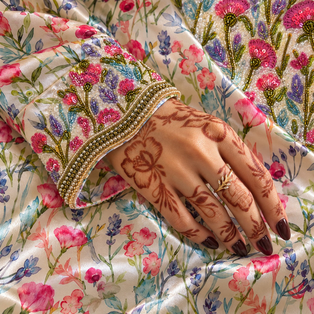 Close-up of the Pearl cuff with beaded pink and violet wildflowers