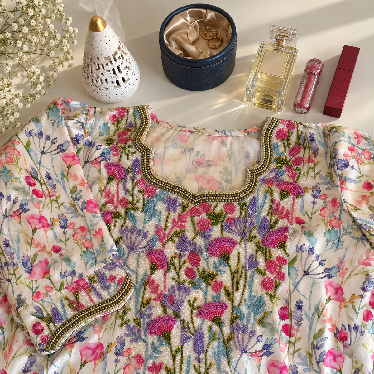 Pearl laid flat, showing the white watercolour wildflower print and beaded scalloped square neckline