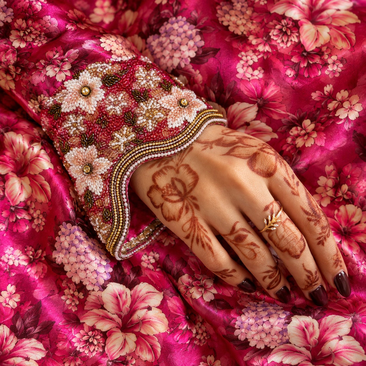Close-up of the Ruby cuff with cream beaded flowers and gold edging
