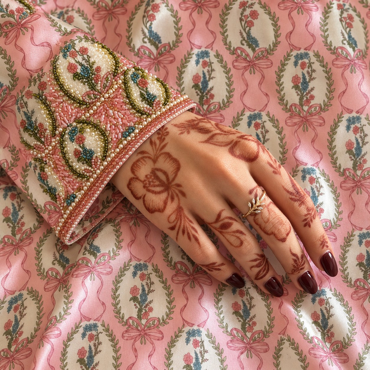 Close-up of the Solene cuff with beaded medallions and pearl-look edging