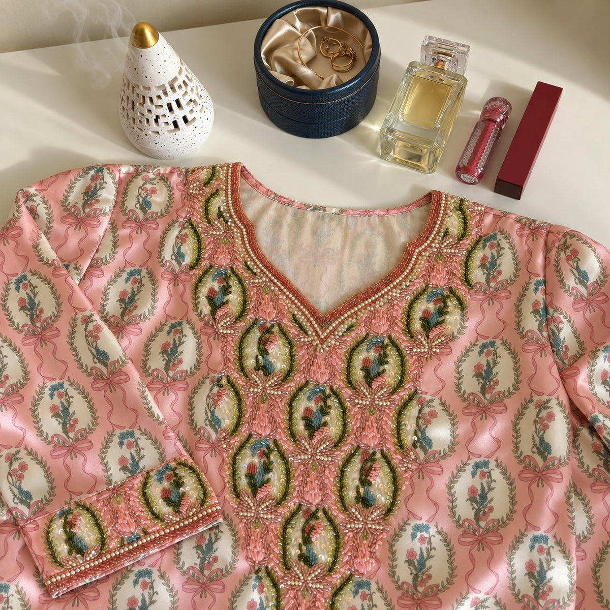 Solene laid flat, showing the pink cameo-and-ribbon print and beaded medallion V-neckline